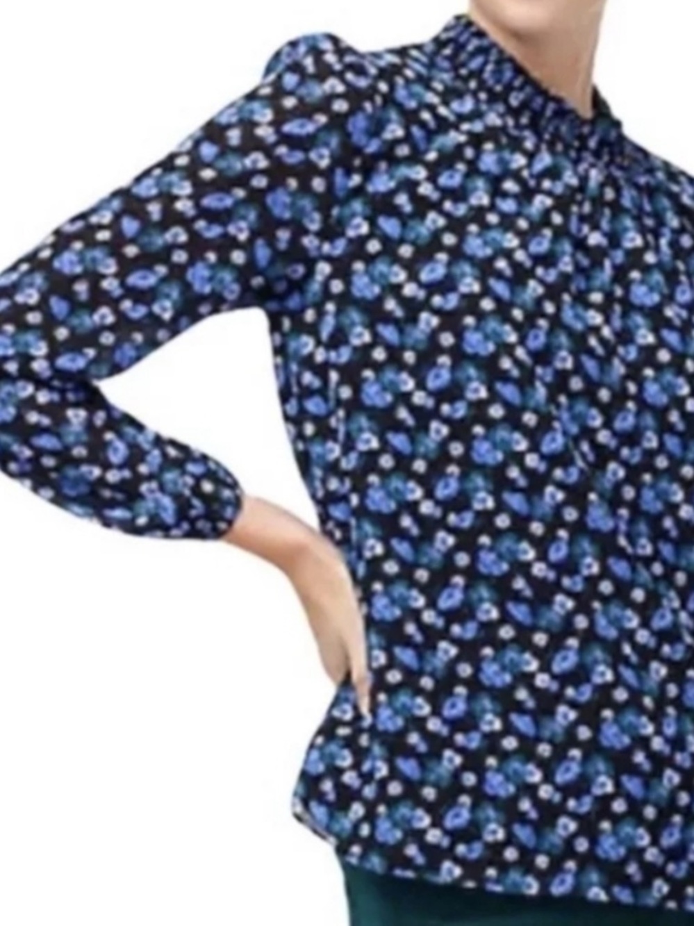 J. Crew Black Mock Neck Blouse with Blue and Green Floral Print
